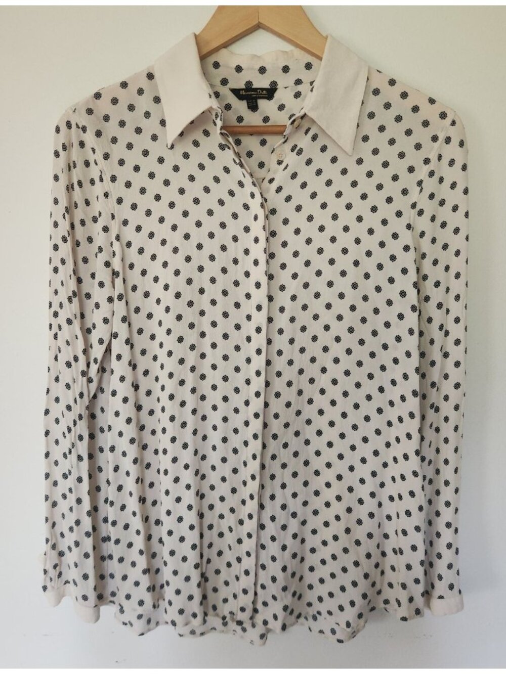 Massimo Dutti Women's Sz. 10 Button Up Black & Cream Print Blouse